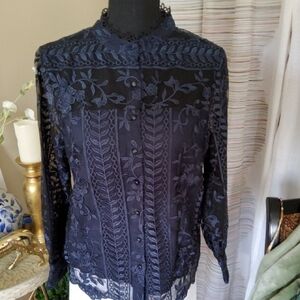 Ultra Pink Navy Floral Lace Blouse